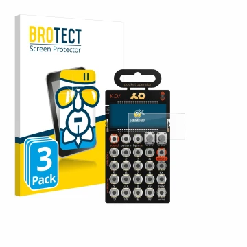 Face avant d’un emballage produit avec le logo de la marque BROTECT. À côté, l’appareil Teenage Engineering PO-33 K.O! est rep
