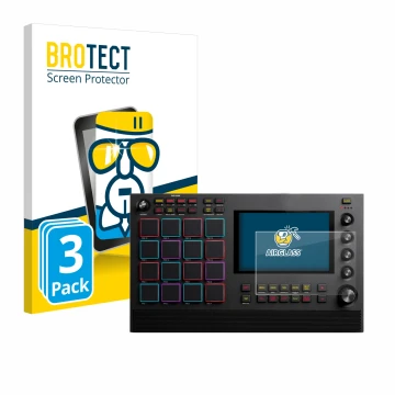Face avant d’un emballage produit avec le logo de la marque BROTECT. À côté, l’appareil Akai MPC Live II est représenté avec l