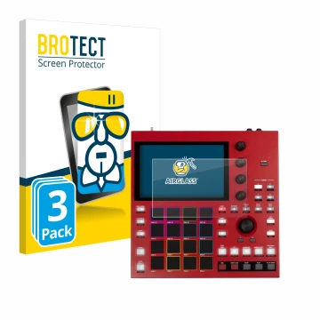 Face avant d’un emballage produit avec le logo de la marque BROTECT. À côté, l’appareil Akai MPC One+ est représenté avec la p