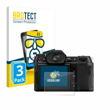 Face avant d’un emballage produit avec le logo de la marque BROTECT. À côté, l’appareil Fujifilm GFX100S II est représenté ave