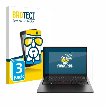 Face avant d’un emballage produit avec le logo de la marque BROTECT. À côté, l’appareil Lenovo ThinkPad L13 2-in-1 Gen 5 est r