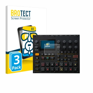 Face avant d’un emballage produit avec le logo de la marque BROTECT. À côté, l’appareil Elektron Digitakt II est représenté av