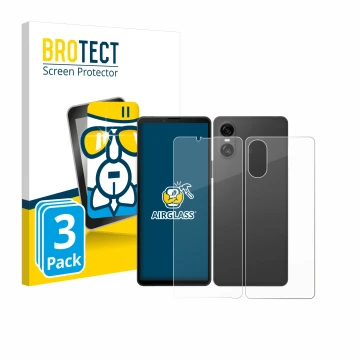 Face avant d’un emballage produit avec le logo de la marque BROTECT. À côté, l’appareil Sony Xperia 10 VI (Avant+Arrière) est 