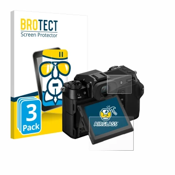 Face avant d’un emballage produit avec le logo de la marque BROTECT. À côté, l’appareil Fujifilm GFX100S II (Affichage + affic