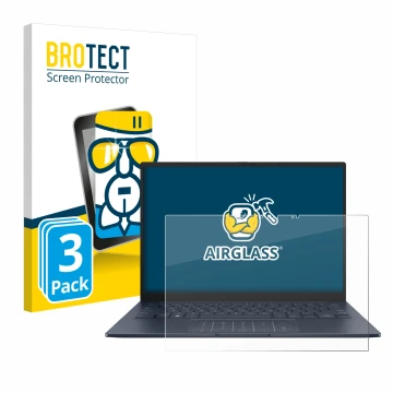 Face avant d’un emballage produit avec le logo de la marque BROTECT. À côté, l’appareil ASUS ZenBook 14 OLED UX3405 Touch est 