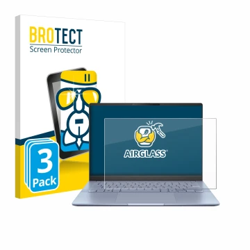 Face avant d’un emballage produit avec le logo de la marque BROTECT. À côté, l’appareil ASUS Vivobook S 14 OLED S5406 est repr