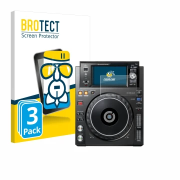 Face avant d’un emballage produit avec le logo de la marque BROTECT. À côté, l’appareil Pioneer XDJ -1000MK2 est représenté av