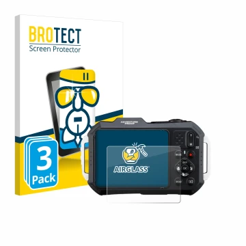 Face avant d’un emballage produit avec le logo de la marque BROTECT. À côté, l’appareil Ricoh Pentax WG-1000 est représenté av