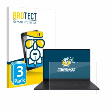 Face avant d’un emballage produit avec le logo de la marque BROTECT. À côté, l’appareil ASUS ProArt P16 est représenté avec la