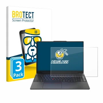 Face avant d’un emballage produit avec le logo de la marque BROTECT. À côté, l’appareil Lenovo ThinkPad E16 Gen 2 est représen