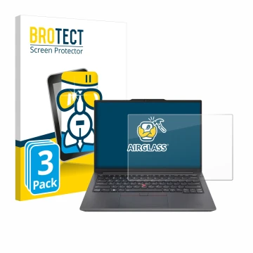 Face avant d’un emballage produit avec le logo de la marque BROTECT. À côté, l’appareil Lenovo ThinkPad E14 Gen 6 est représen