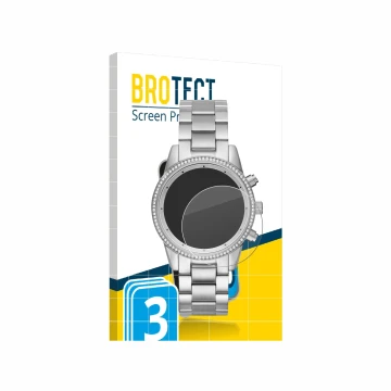 Face avant d’un emballage produit avec le logo de la marque BROTECT. À côté, l’appareil Michael Kors Ritz MK6428 est représent
