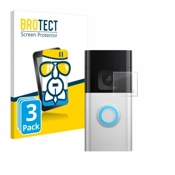 Face avant d’un emballage produit avec le logo de la marque BROTECT. À côté, l’appareil Ring Battery Video Doorbell Pro est re