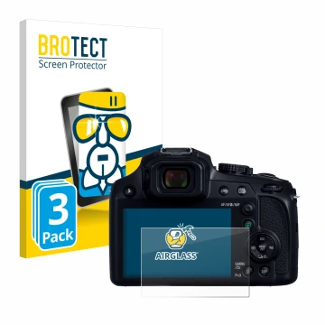Face avant d’un emballage produit avec le logo de la marque BROTECT. À côté, l’appareil Panasonic Lumix DC-FZ82D est représent