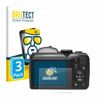 Face avant d’un emballage produit avec le logo de la marque BROTECT. À côté, l’appareil Kodak Pixpro AZ255 est représenté avec