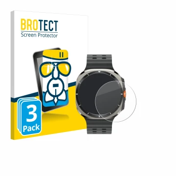 Face avant d’un emballage produit avec le logo de la marque BROTECT. À côté, l’appareil Samsung Galaxy Watch Ultra (47 mm) est