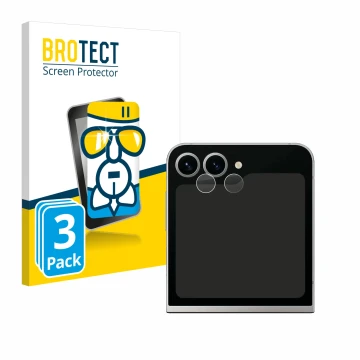 Face avant d’un emballage produit avec le logo de la marque BROTECT. À côté, l’appareil Samsung Galaxy Z Flip 6 (Caméra UNIQUE
