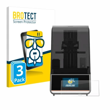 Face avant d’un emballage produit avec le logo de la marque BROTECT. À côté, l’appareil Anycubic Photon Mono M7 Pro est représ