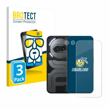 Face avant d’un emballage produit avec le logo de la marque BROTECT. À côté, l’appareil Nothing Phone (2a) Plus (Avant+Caméra)