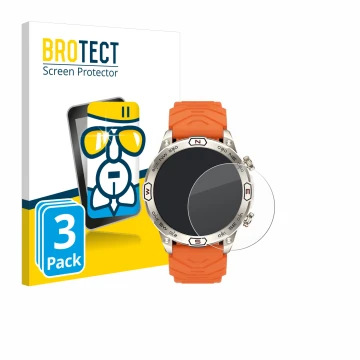 Face avant d’un emballage produit avec le logo de la marque BROTECT. À côté, l’appareil Bytelike Smartwatch 1.43