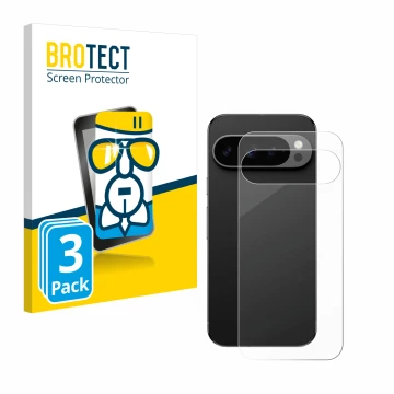Face avant d’un emballage produit avec le logo de la marque BROTECT. À côté, l’appareil Google Pixel 9 Pro (Arrière) est repré