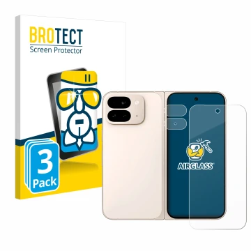 Face avant d’un emballage produit avec le logo de la marque BROTECT. À côté, l’appareil Google Pixel 9 Pro Fold (Avant+Caméra)