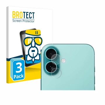 Face avant d’un emballage produit avec le logo de la marque BROTECT. À côté, l’appareil Apple iPhone 16 (Caméra UNIQUEMENT) es