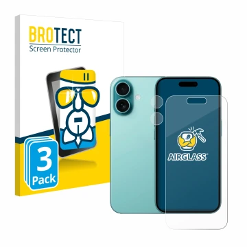 Face avant d’un emballage produit avec le logo de la marque BROTECT. À côté, l’appareil Apple iPhone 16 (Avant+Caméra) est rep