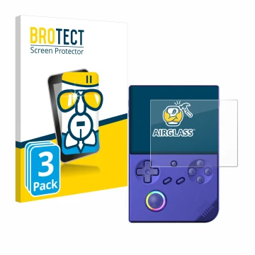 Face avant d’un emballage produit avec le logo de la marque BROTECT. À côté, l’appareil Anbernic RG40XXV est représenté avec l