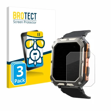 Face avant d’un emballage produit avec le logo de la marque BROTECT. À côté, l’appareil Findtime Smartwatch 1.83