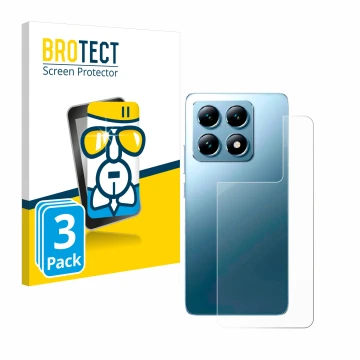 Face avant d’un emballage produit avec le logo de la marque BROTECT. À côté, l’appareil Xiaomi 14T Pro (Arrière) est représent