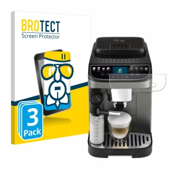 Face avant d’un emballage produit avec le logo de la marque BROTECT. À côté, l’appareil DeLonghi Magnifica Evo Next est représ