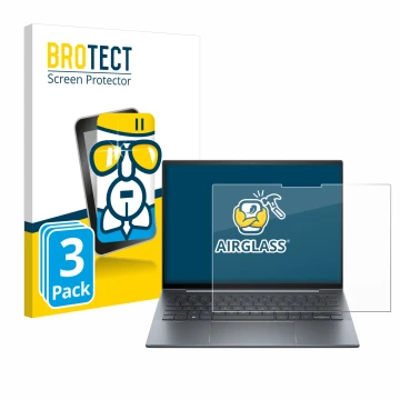 Face avant d’un emballage produit avec le logo de la marque BROTECT. À côté, l’appareil HP Dragonfly 13.5