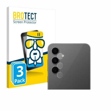 Face avant d’un emballage produit avec le logo de la marque BROTECT. À côté, l’appareil Samsung Galaxy S24 FE (Caméra UNIQUEME