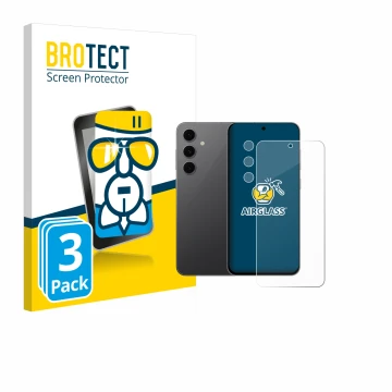 Face avant d’un emballage produit avec le logo de la marque BROTECT. À côté, l’appareil Samsung Galaxy S24 FE (Avant+Caméra) e
