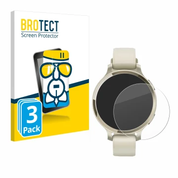 Face avant d’un emballage produit avec le logo de la marque BROTECT. À côté, l’appareil Garmin Lily 2 Active est représenté av