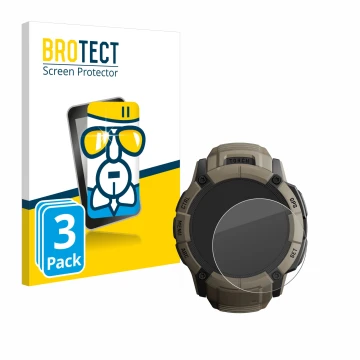 Face avant d’un emballage produit avec le logo de la marque BROTECT. À côté, l’appareil Garmin Instinct 2X Solar Tactical Edit