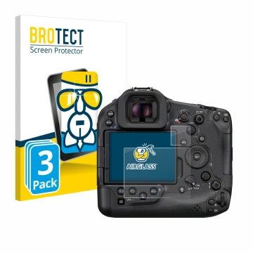 Face avant d’un emballage produit avec le logo de la marque BROTECT. À côté, l’appareil Canon EOS R1 est représenté avec la pr