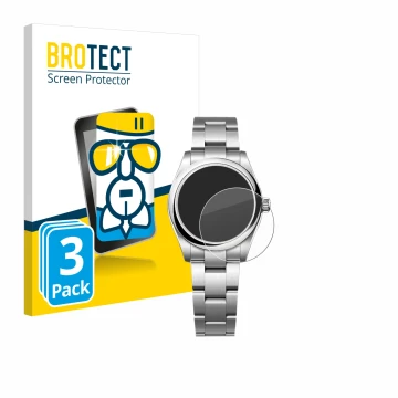 Face avant d’un emballage produit avec le logo de la marque BROTECT. À côté, l’appareil Rolex Oyster Perpetual 31 est représen