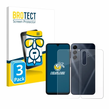 Face avant d’un emballage produit avec le logo de la marque BROTECT. À côté, l’appareil Samsung Galaxy A16 5G (Avant+Arrière) 
