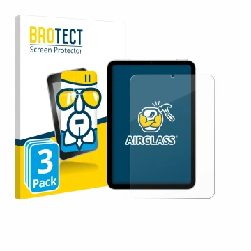 Face avant d’un emballage produit avec le logo de la marque BROTECT. À côté, l’appareil Apple iPad Mini 7 WiFi 2024 est représ