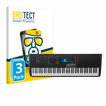 Face avant d’un emballage produit avec le logo de la marque BROTECT. À côté, l’appareil Yamaha MODX8+ est représenté avec la p