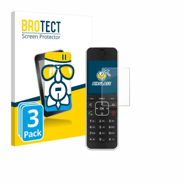 Face avant d’un emballage produit avec le logo de la marque BROTECT. À côté, l’appareil AVM Fritz!Fon C6 Black est représenté 