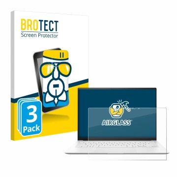 Face avant d’un emballage produit avec le logo de la marque BROTECT. À côté, l’appareil ASUS ZenBook S 14 UX5406 est représent