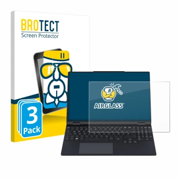 Face avant d’un emballage produit avec le logo de la marque BROTECT. À côté, l’appareil Tuxedo InfinityBook Pro 15 Gen 9 est r