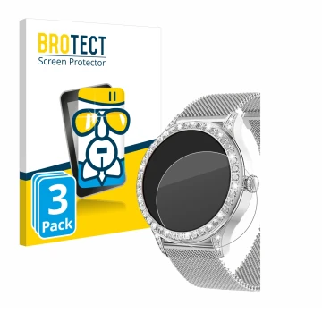 Face avant d’un emballage produit avec le logo de la marque BROTECT. À côté, l’appareil Powerwill Smartwatch 1.27