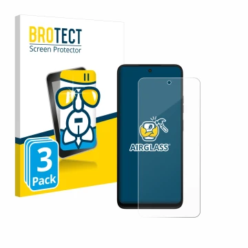 Face avant d’un emballage produit avec le logo de la marque BROTECT. À côté, l’appareil Motorola Moto G35 est représenté avec 