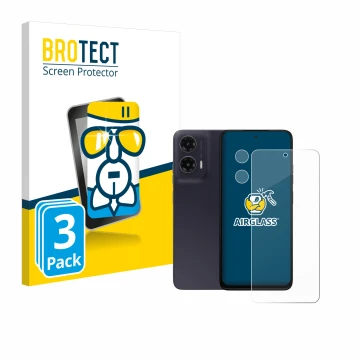 Face avant d’un emballage produit avec le logo de la marque BROTECT. À côté, l’appareil Motorola Moto G35 (Avant+Caméra) est r