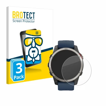 Face avant d’un emballage produit avec le logo de la marque BROTECT. À côté, l’appareil Garmin quatix 7 Pro est représenté ave