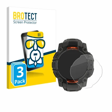 Face avant d’un emballage produit avec le logo de la marque BROTECT. À côté, l’appareil Garmin Instinct 3 Solar (50 mm) est re
